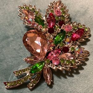 Elegant Pink and Green Crystal Brooch
